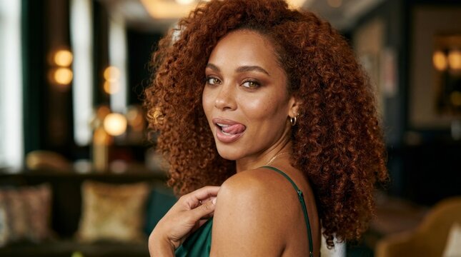 Playful red haired woman with curly hair looks at camera while posing with her tongue out in a stylish interior