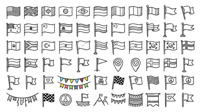  Hand Drawn National Country Flags Location Pin Map Pointers and Cheered Bunting Garland Line Art Doodle Sheet