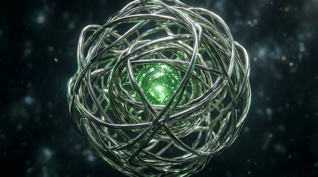 Abstract metallic sphere with glowing green center floating in dark space with intricate wire mesh design and dramatic cinematic lighting