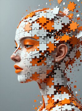 Surreal abstract portrait of woman head composed of orange and white puzzle pieces. Face is in profile view with head deconstructing into small squares and puzzle parts.