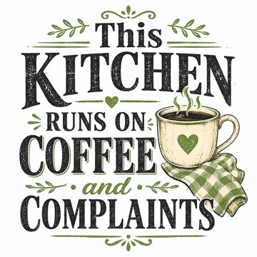 This Kitchen Runs on Coffee and Complaints. Rustic farmhouse kitchen quote design with coffee cup and checkered cloth accent, bold distressed serif typography and sage details