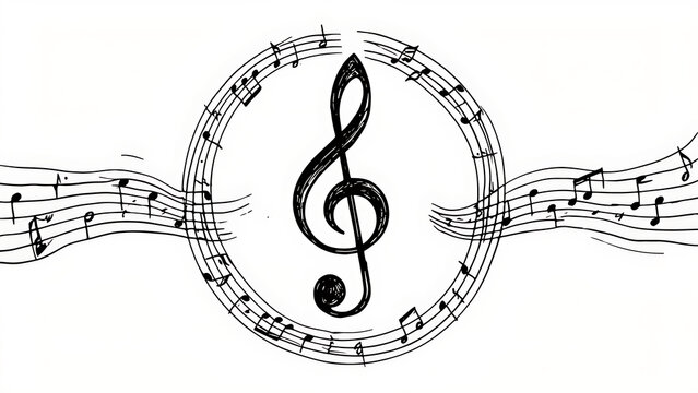 Circular music staff frame with central G clef doodle illustration