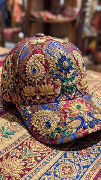 Luxury embroidered baseball cap featuring intricate gold thread work with blue and green gemstones and traditional paisley patterns resting on a matching ornate textile fabric background.