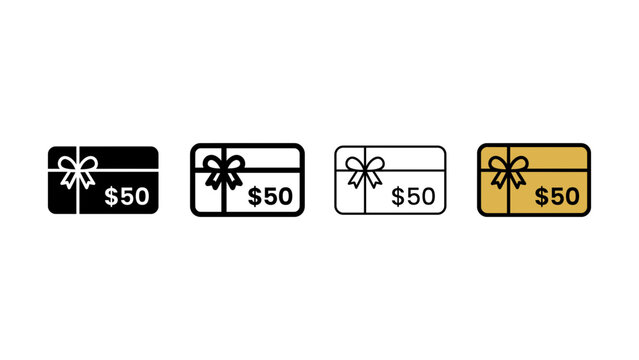 Four gift card icons with fifty dollar amounts in varied color schemes