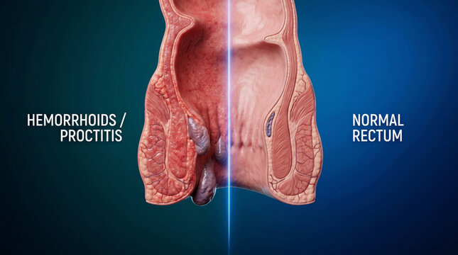 Digestive tract anatomy illustrating hemorrhoids versus normal rectal tissue