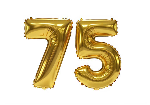 Shiny gold balloon number 75 isolated on white background isolated on transparent background, isolated on white background