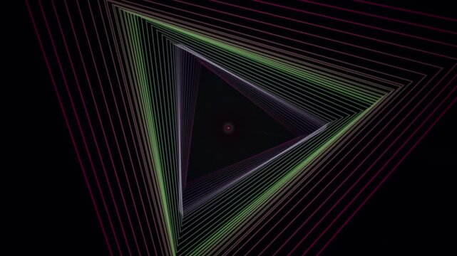 Geometric tunnel of nested pink and green triangular lines spiraling into a dark center.