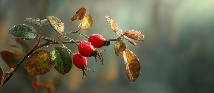 Single cluster of glossy red rose hips on a slender autumn branch, surrounded by golden leaves and soft morning fog, tiny droplets on the fruit
