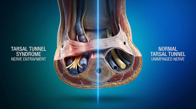 Anatomical view of the ankle showing nerve entrapment in the
