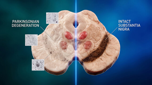 Brain cross-section illustrating degenerative changes versus healthy tissue in medical