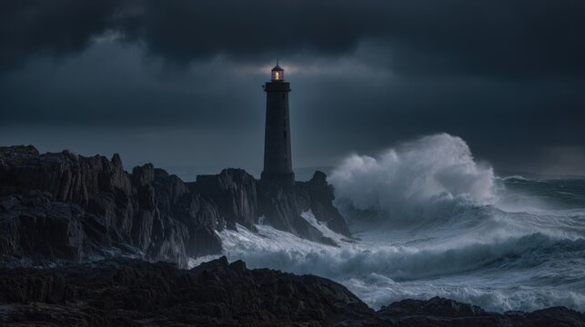 solitary lighthouse standing on rugged black cliffs during a powerful storm, enormous ocean waves crashing against the rocks, dramatic dark clouds