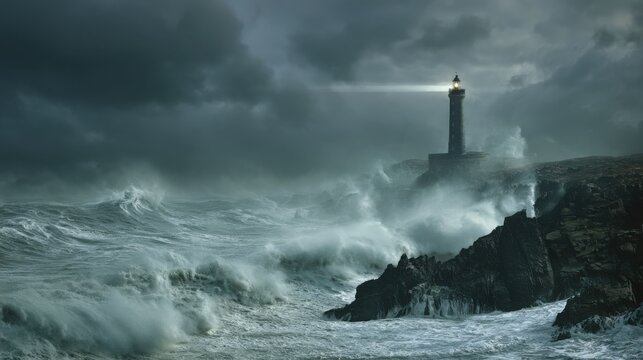 solitary lighthouse standing on rugged black cliffs during a powerful storm, enormous ocean waves crashing against the rocks, dramatic dark clouds