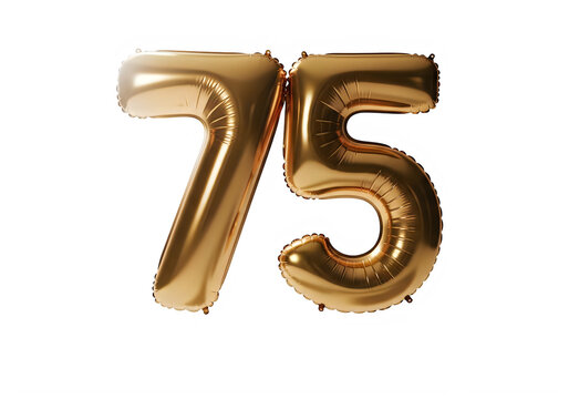 Shiny gold balloon number seventy five 75 isolated on transparent background, isolated on white background