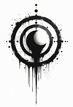 Black ink splatter design with crescent moon in circular target pattern
