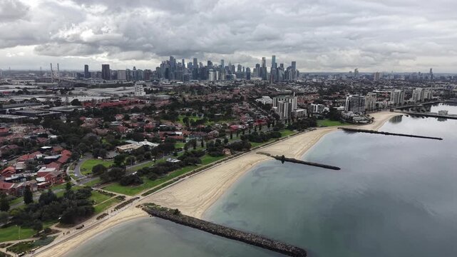 Melbourne city skyline and port phillip bay aerial view
