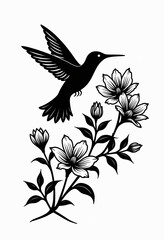 Naklejka premium Hummingbird flies near blooming flowers in elegant black and white illustration