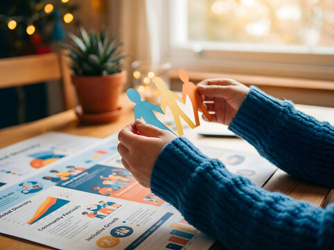 Hands connecting colorful paper cutout people over diversity and inclusion charts