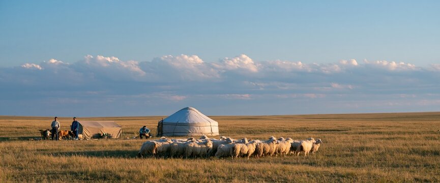 Nomadic herders with sheep and yurts