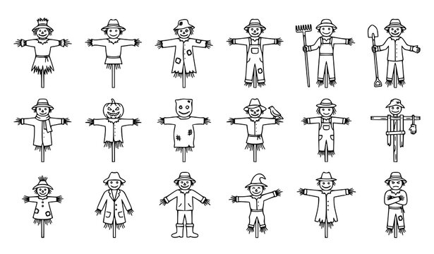 Scarecrow Strawman Farmer Garden Harvest and Rustic Farm Guardian Thin Line Vector Set