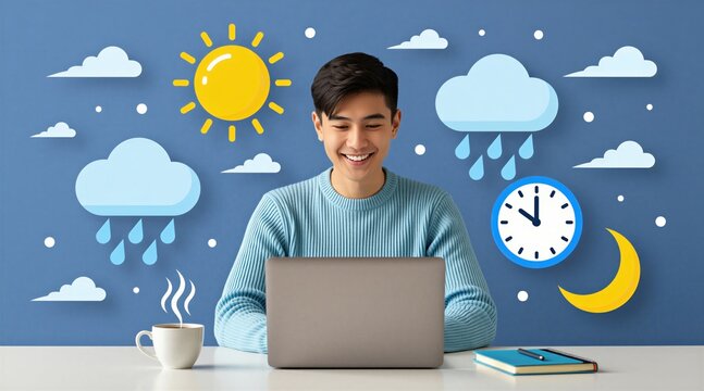 Man smiles working on laptop with coffee. Time and weather icons surround him sun, clouds, rain, moon, clock. Concept for daily schedule and remote work productivity.