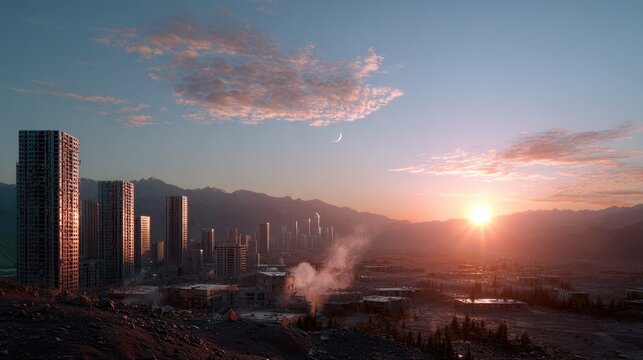 Futuristic Cityscape at Dusk: A sprawling, modern metropolis rises against a backdrop of distant mountains as the sun sets, casting long shadows and painting the sky in warm hues.