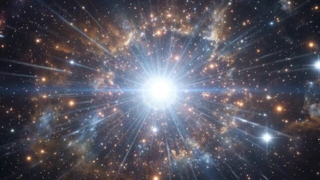 Cinematic supernova explosion in deep space, bright cosmic starburst with glowing nebula clouds, majestic galactic light rays 4k video
