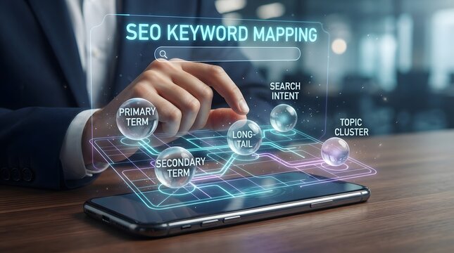 Digital seo keyword mapping concept on a smartphone screen