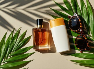 Fototapeta premium Flatlay of summer accessories with perfume bottle, sunscreen lotion tube on beige surface. Green palm leaves create dark shadows under bright sunlight. Stylish sunglasses sit next to skincare