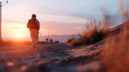 Fototapeta premium Lone Soldier's March at Dawn: A lone soldier walks away from the camera along a dusty road during a vibrant sunrise, a symbol of perseverance and the challenges of duty.