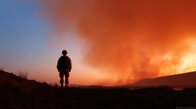 Solitary Soldier at Dusk: A lone soldier stands silhouetted against a dramatic sky, watching a distant inferno ignite the horizon, a powerful symbol of conflict and resilience.