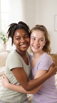Two diverse teenage girlfriends hugging and smiling together at home