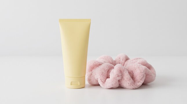 Pastel Yellow Cosmetic Tube Mockup and Pink Fuzzy Scrunchie on White Background