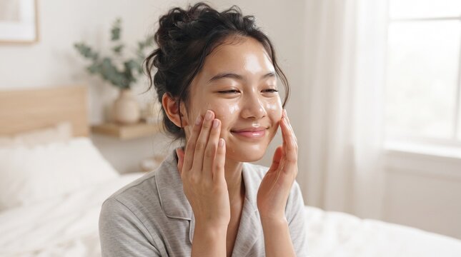 Young Asian Woman Applying Skincare Product On Face In Bedroom