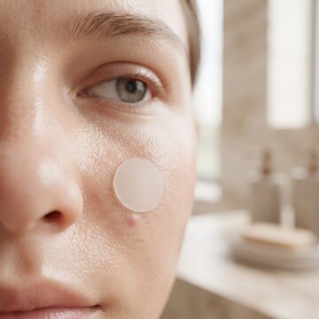 Young woman's face with a clear acne patch on a blemish, showing skincare treatment and skin health