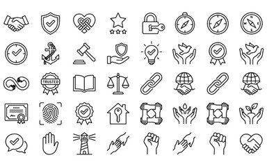 Fototapeta premium Trust Web Icon Set in Linear Style. Collection of trustworthy, line icons, including trustworthy, credibility, confidence, integrity, confidence, promise, loyalty, honesty and more. Editable stroke