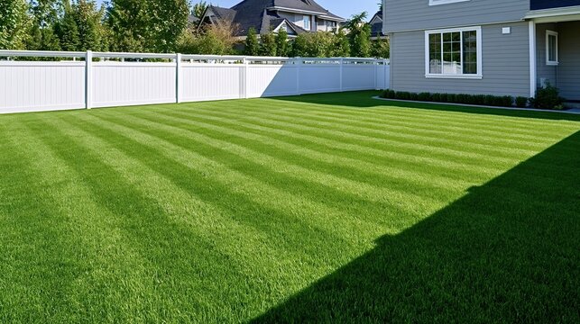 Green striped lawn presenting a perfectly maintained backyard area, featuring a clean white vinyl fence and a modern house under bright sunlight