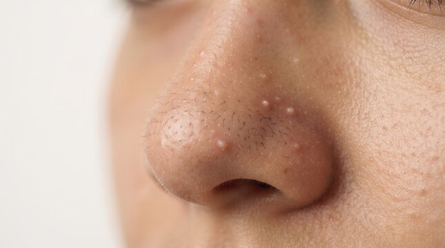 Macro shot of facial skin texture with pimples and milia on the nose