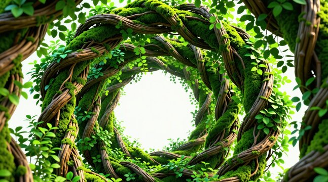 Twisted vine archway covered in moss and leaves forms a natural gateway. Rich green plants create a vibrant organic frame against a bright white background. This portal looks magical.