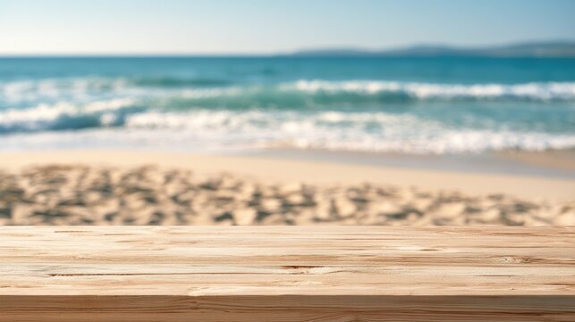 Empty wooden table foreground, with a blurred ocean beach background