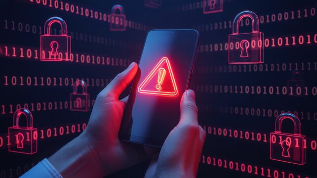 Mobile phone displaying red security alert with digital padlocks.