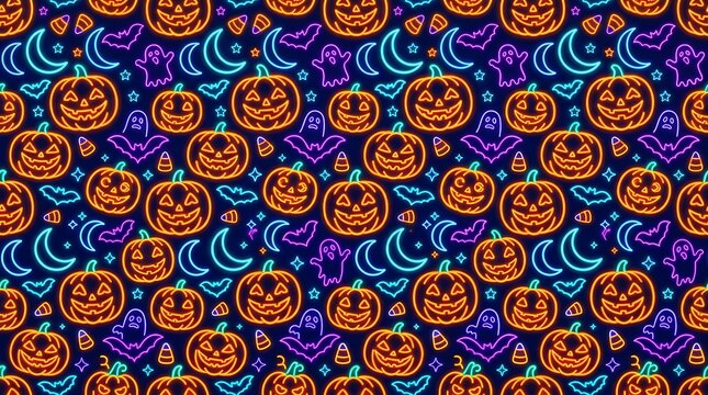 Seamless halloween pattern with neon pumpkins and ghosts