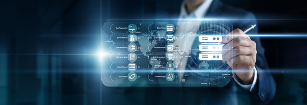 The server administrator monitors server uptime on a virtual screen. Hosting infrastructure status shows load balancing and bandwidth usage to ensure availability for all web clients.