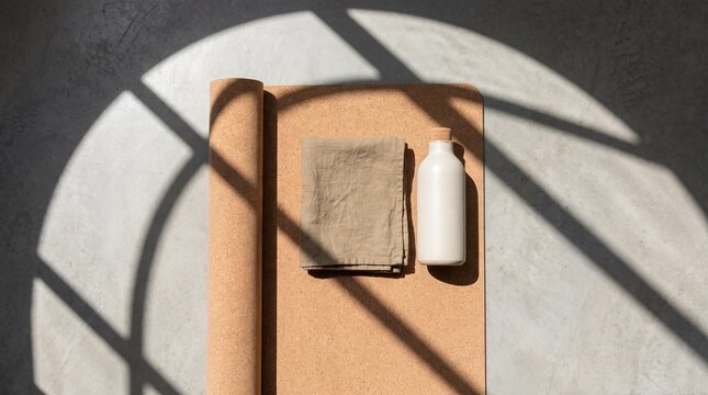 Minimalist Cork Yoga Mat with Water Bottle and Towel Under Arch Window Shadow Flat Lay Concept Background