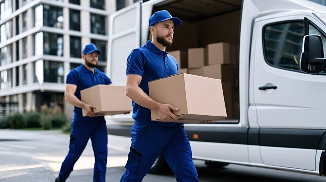 Two delivery men in blue uniforms unloading cardboard boxes from a white cargo van, providing efficient and reliable courier service for logistics and shipment