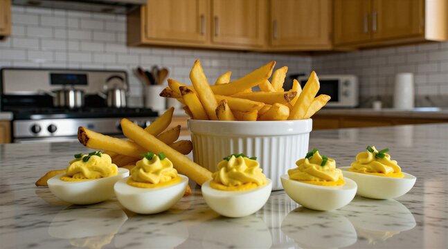 Golden french fries served in white bowl beside deviled eggs appetizer. Kitchen counter with food prep, marble surface, blurred background. Tasty homemade snacks, comfort food.