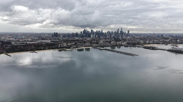 Melbourne cityscape aerial view over port phillip bay