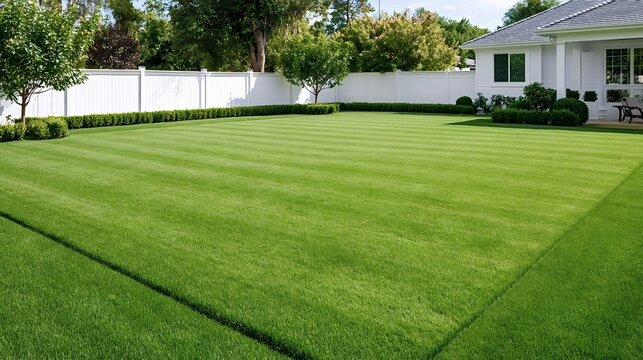 Perfectly manicured green lawn with mowing stripes creating a pristine backyard landscape, featuring a modern white house and fence on a sunny day