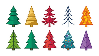Obraz premium Diverse Christmas Tree Vector Icon Set with Minimalist Geometric Patterns Mosaic Textures and Colorful Holiday Decorations for Festive Web Design Graphics