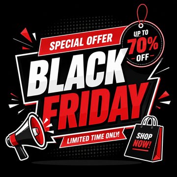 Black Friday special offer promotional graphic with up to 70% off and shopping icons