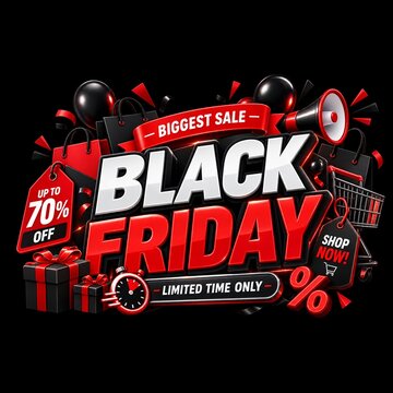 Black Friday biggest sale promotional graphic with shopping bags, gift boxes, megaphone, and discount tags